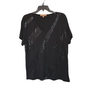 Ellen Tracy | Women’s Black Sequin Stripes Stretchy T Shirt Top Size XL